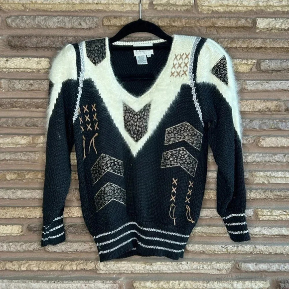 Christine Vintage 80s Angora V Neck Sweater Cross Ties - Picture 1 of 9